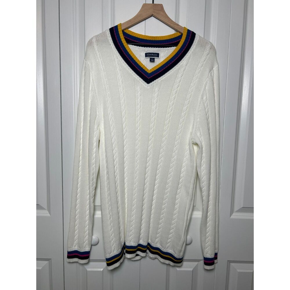 Club Room Varsity Tennis Sweater Cable Knit Striped V-Neck Large lightacademia